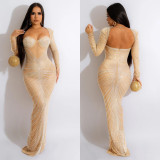 Fashion Women'S Rhinestone Beaded Mesh See-Through Long-Sleeve Backless Evening Party Long Dress