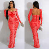 Fashion Women'S Rhinestone Beaded Mesh See-Through Long-Sleeve Backless Evening Party Long Dress