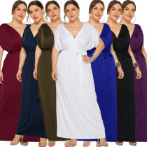 Plus Size Women'S Sexy Solid Color V-Neck Loose Swing Dress