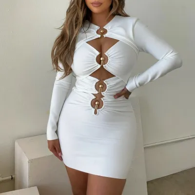 Women'S Cutout Crop Crinkle Long Sleeve Bandage Sexy Tight Fitting Dress