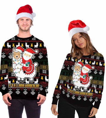 Fall Digital Print Christmas Women's Hoodies Round Neck Pullover Men's Sweatshirt