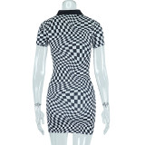 Women's Polo Collar Black and White Plaid Print Contrast Color Bodycon Dress