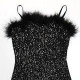 Sexy Fluffy Sling Sequin Party Bodycon Dress Women