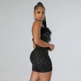 Sexy Fluffy Sling Sequin Party Bodycon Dress Women