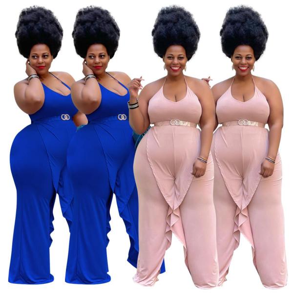 Plus Size Women's Solid Color Sexy Sling Ruffle Drape Jumpsuit