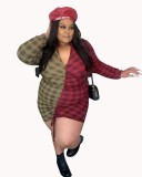 Plus Size Sexy Polo Neck Deep V Chest Patchwork Contrast Pleated Rope Dress