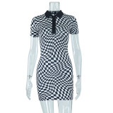 Women's Polo Collar Black and White Plaid Print Contrast Color Bodycon Dress