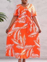 Plus Size Dress Women's V-Neck Loose Swing Feather Print Jumpsuit