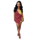 Women's Two Tone Plaid Print Lace-Up Crossover Skirt Strap Dress