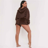 Women's Double Face Fleece Hooded Loungewear Set Sexy Open Waist Shorts Two Piece Winter