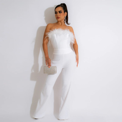 Fashion Solid Color Wide Leg Pants Casual Sleeveless Strapless Jumpsuit