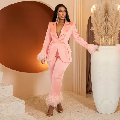 Women's Fashion Two-piece Blazer and Pants Suits with Feather
