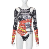 Women Fall Round Neck Pullover Long Sleeve Letter Print Cutout Bodysuit