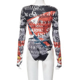 Women Fall Round Neck Pullover Long Sleeve Letter Print Cutout Bodysuit