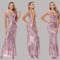 Plus Size Women Elegant Sequin Sleeveless V-Neck Party Fishtail Evening Dress