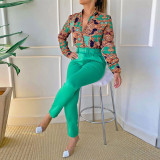 Women'S Printed Career Long Sleeve Shirt Top And Slim Pants Set With Belt