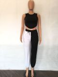 Women'S Sexy Sleeveless Back Hollow Out Cropped Tank Top Contrast Pants Two Piece Tracksuit