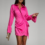 Fall Women'S Casual Long Sleeve Solid Color Ruched Short Shirt Dress