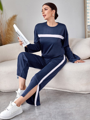 Women'S Fall/Winter Outfit Striped Patchwork Long Sleeve Top Slit Casual Pants Two Piece Set