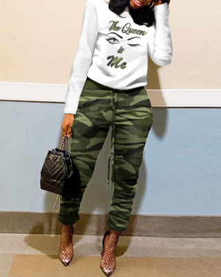 Casual Long Sleeve Print Top And Camouflage Pants Two Piece Set
