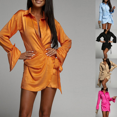 Fall Women'S Casual Long Sleeve Solid Color Ruched Short Shirt Dress