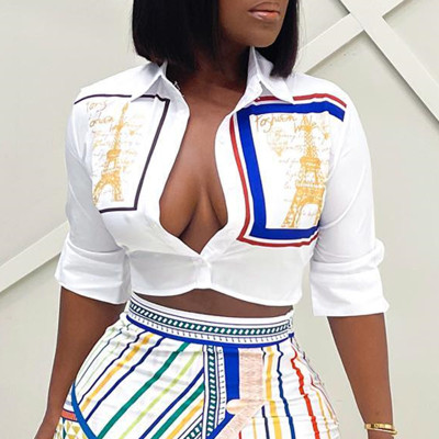 Women'S Print White Casual Shirt And Short Skirt Two Piece Set