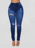 High Waist Stretch Ripped Hole Denim Pants Women'S Jeans