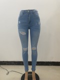 High Waist Stretch Ripped Hole Denim Pants Women'S Jeans