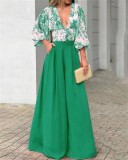 Autumn V-Neck Women'S Puff Sleeve Print Top Wide Leg Pants Fashion Two Piece Set