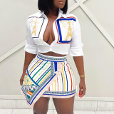 Women'S Print White Casual Shirt And Short Skirt Two Piece Set