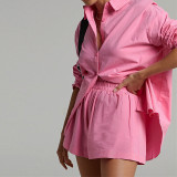 Fashion Set Casual Colorblock Single Breasted Shirt Elastic Shorts Two Piece Set