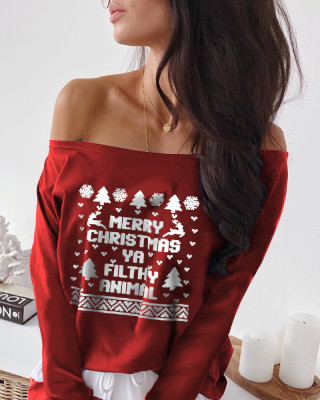 Women'S Christmas Off Shoulder Long Sleeve T-Shirt