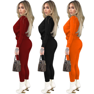 Women's Fashion Casual Sexy Solid Color V-Neck Pleated Loose Long Sleeve Trousers Two Piece Set