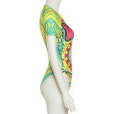 Summer Women's Sexy Digital Print Short Sleeve High Waist Bodycon Jumpsuit