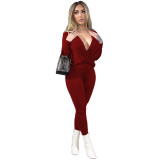 Women's Fashion Casual Sexy Solid Color V-Neck Pleated Loose Long Sleeve Trousers Two Piece Set