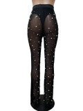 Autumn and winter women's elastic mesh bead trousers with bottoms
