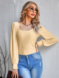 Autumn and winter women's fashion solid color u-neck hollow knitting top