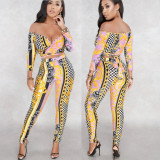 Sexy Cross Lace-Up Women's Fashion Set Off Shoulder Lace-Up Print Two Piece