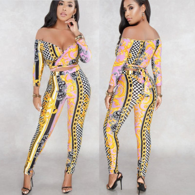 Sexy Cross Lace-Up Women's Fashion Set Off Shoulder Lace-Up Print Two Piece