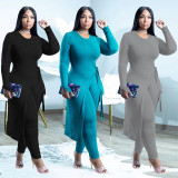 Fall Plus Size Women's Round Neck Tie Knot Slit Solid Color Two Pieces