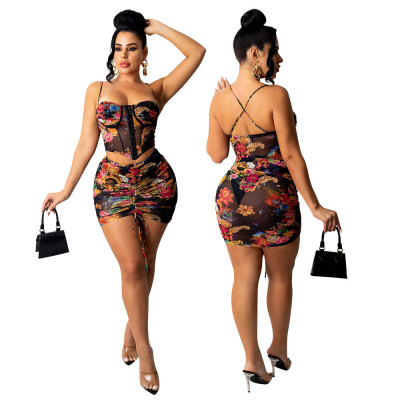 Autumn and winter sexy mesh print suspenders straps skirt two-piece set