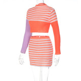 Women Autumn Long Sleeve Striped Sweater + Short Skirt Two Piece Set