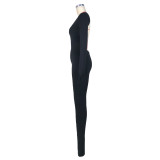Women Sexy Thumb Sleeves Solid Backless Bell Bottom Jumpsuit