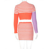 Women Autumn Long Sleeve Striped Sweater + Short Skirt Two Piece Set