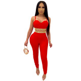 Women Sexy Suspender Beaded Top+Pant Two-Piece Set