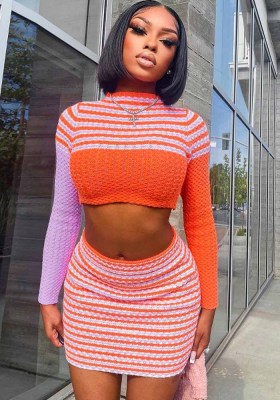 Women Autumn Long Sleeve Striped Sweater + Short Skirt Two Piece Set