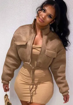 Women Stand Collar Decorative Pocket Long Sleeve Short Jacket