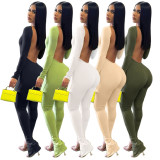 Women Sexy Thumb Sleeves Solid Backless Bell Bottom Jumpsuit