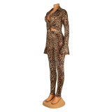 Women Sexy Autumn Long Sleeve Leopard Top + Pant Two-piece Set