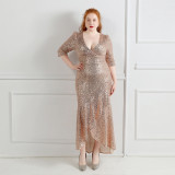 Plus Size Women Sequin V-Neck Formal Party Evening Dress